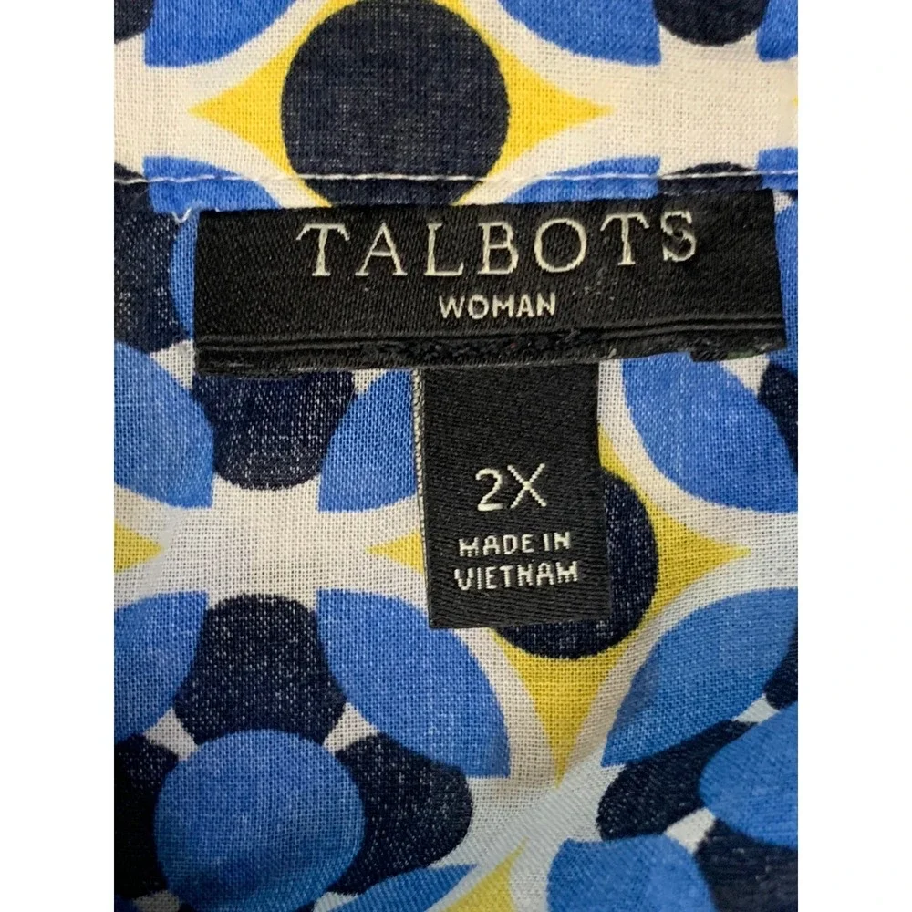 Talbots Women's 2X Tunic Top Blue Yellow Geometric Floral Cotton Split Neck